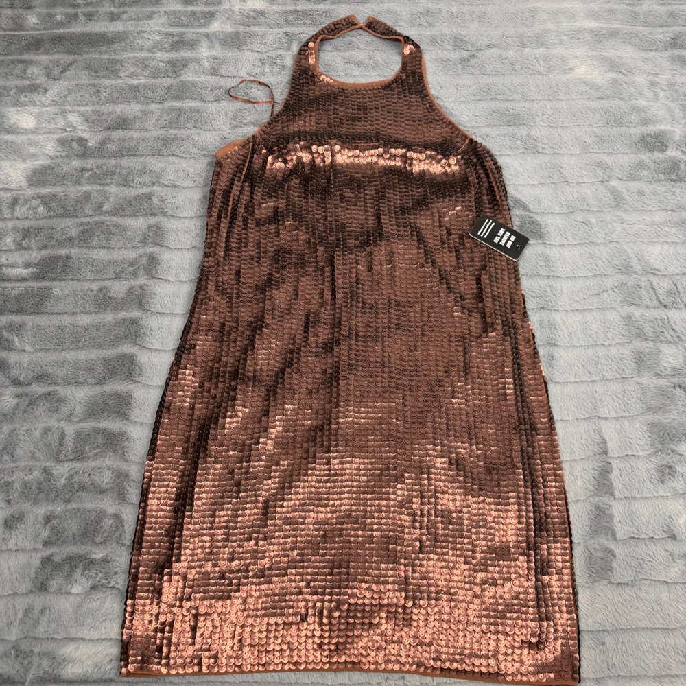Express Bronze Sequin Halter Mini Dress Open Back Brown Size S 07808317